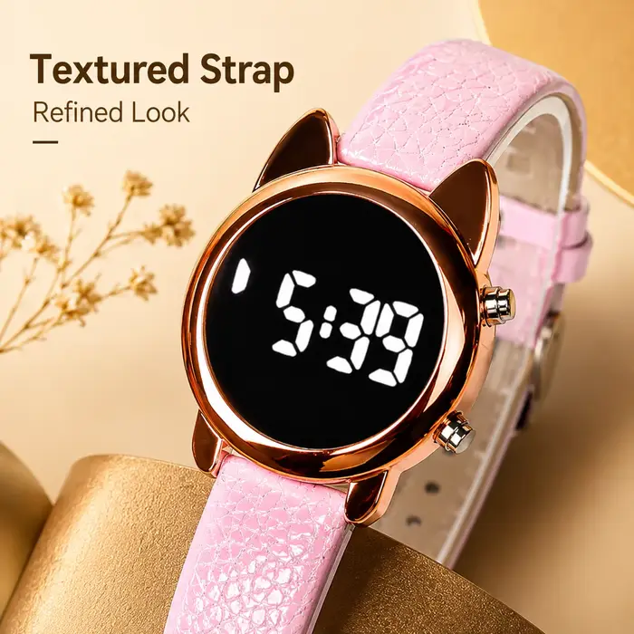 Montre numérique LED avec design oreilles de chat, boîtier en or rose et bracelet brillant gaufré pour femmes occasions spéciales et tenues quotidiennes