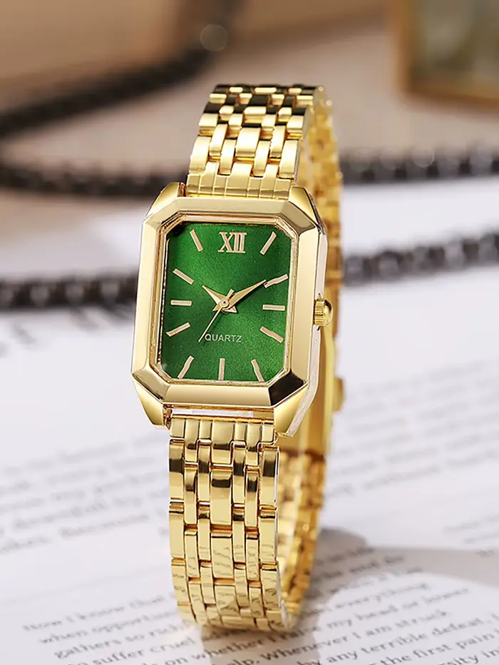 Montre carrée verte avec bracelet, collier et boucles d'oreilles pour femme occasions spéciales et quotidien