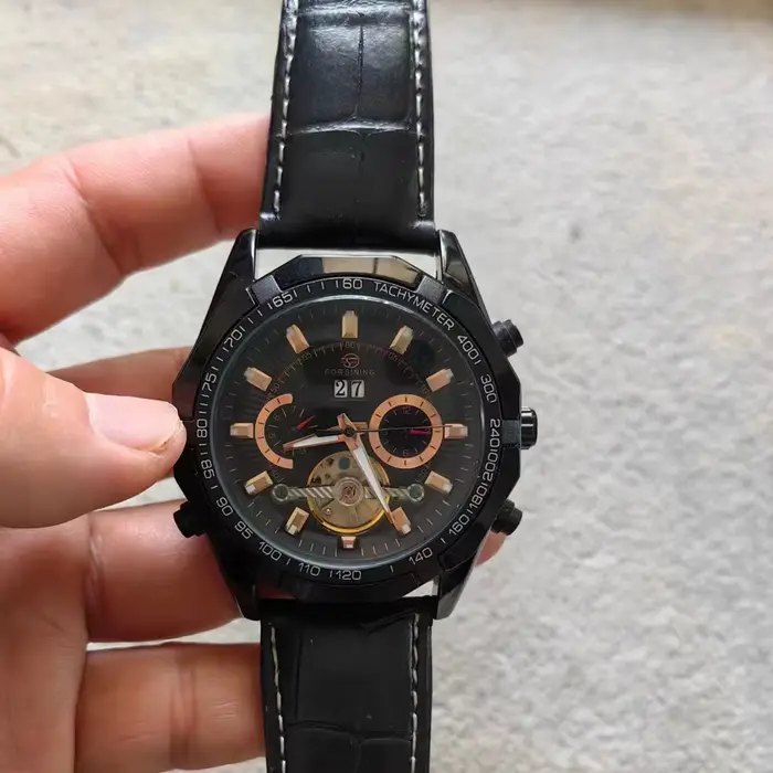 Nouveau noir hommes montres automatique mécanique montre Tourbillon horloge en cuir véritable