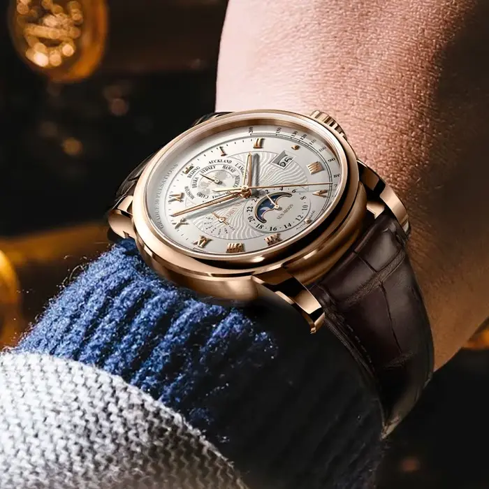 Montre mécanique LOBINNI Seagull ST16K3-3A homme automatique avec fonction heure mondiale, affichage de la semaine, date, 24 heures, phase lunaire et résistance à l'eau 50M