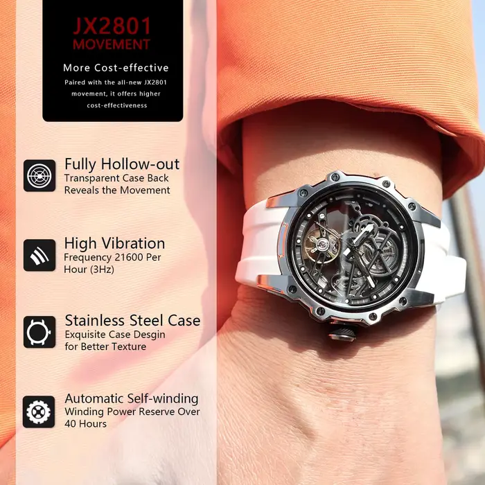 Montre mécanique MEGIR à cadrain squelettique avec bracelet en silicone pour homme, résistante à l'eau, style mode et casual
