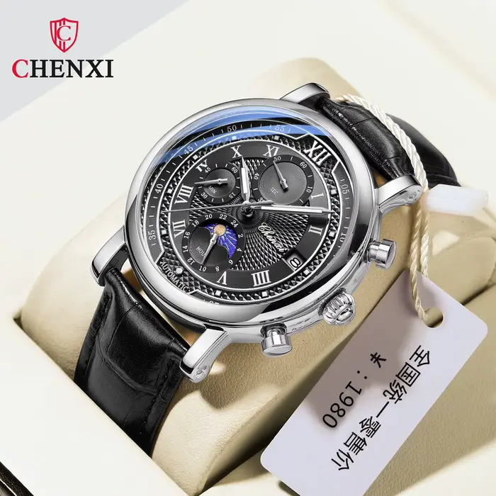 Chenxi 976 cuir chronographe Date hommes Phase de la lune chronométrage affaires lumineux montre à Quartz Relojes para hombres