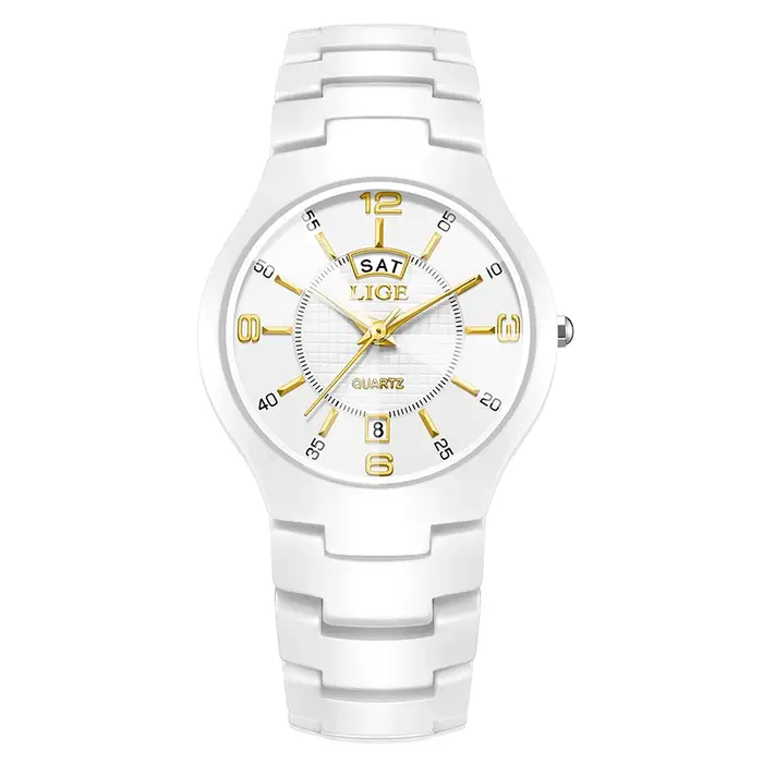 Montre élégante en céramique pour femmes avec affichage de la semaine et résistance à l'eau pour toutes les occasions