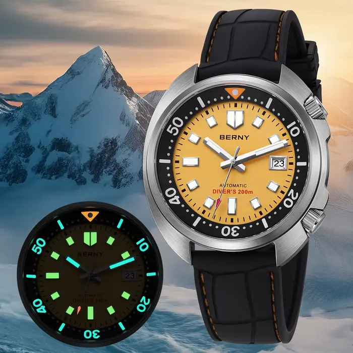 Montre de plongée BERNY AM1970M avec double couronne anti-collision, résistance à l'eau 20ATM, mouvement automatique Miyota 8215, bracelet fluoroélastomère, verre saphir super lumineux pour homme occasions spéciales