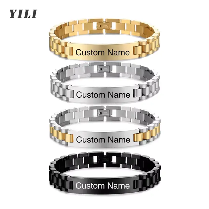 Bracelets d'identification personnalisables en acier inoxydable pour hommes – Plaque nominative gravée sur mesure