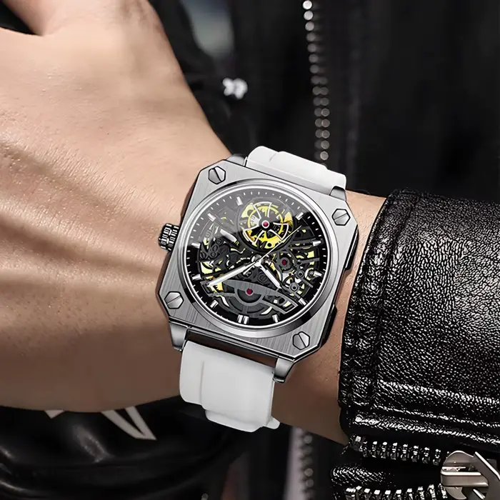 Montre mécanique squelette BLUO en acier inoxydable pour homme, résistante à l'eau et lumineuse, idéale pour les affaires et les soirées élégantes