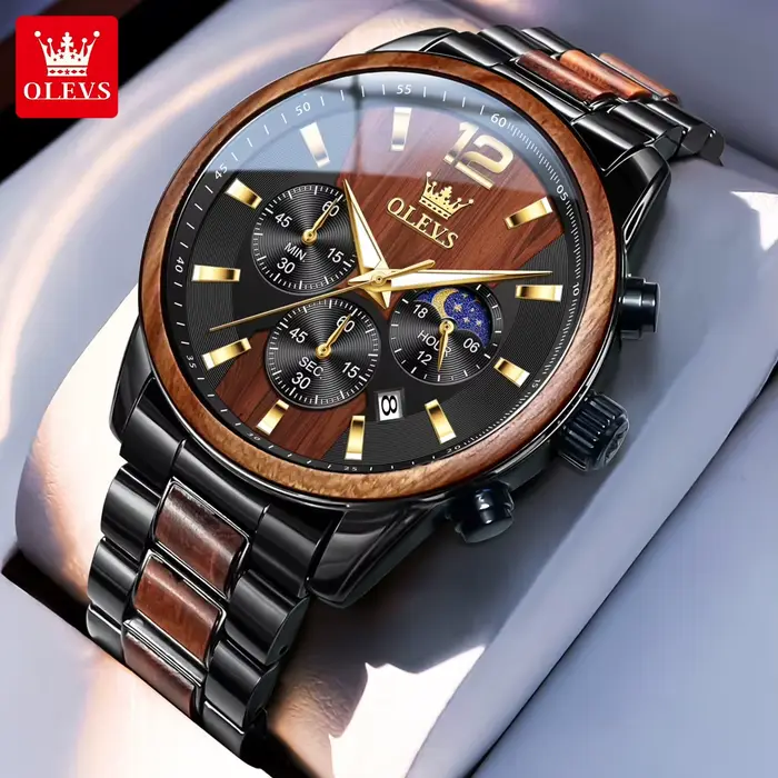 OLEVS nouvelle montre à Quartz multifonctionnelle en bois créative pour hommes Phase de lune chronog