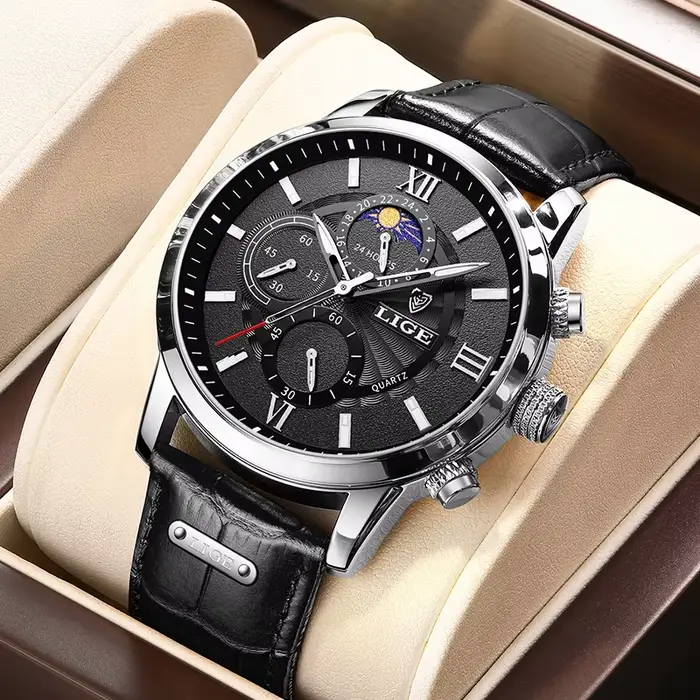 LIGE mode luxe hommes montres rétro bracelet en cuir décontracté Quartz homme montre horloges d'affa