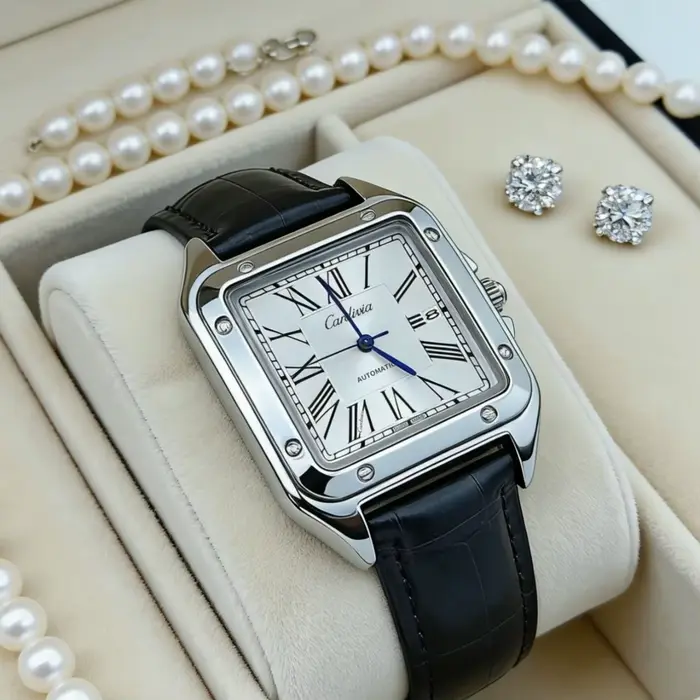 Montre BLUO en acier inoxydable avec chiffres romains carrés et bracelet en cuir pour homme occasions spéciales élégante et pratique