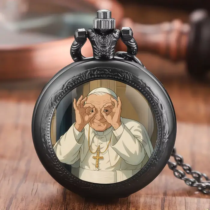 Montre de poche à quartz vintage avec pendentif chaîne motif Jésus icônes catholiques style Pape Jean-Paul II pour hommes et femmes cadeau bijou ocassions formelles et informelles