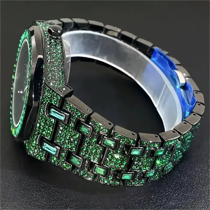 Montre à Quartz Verte Glacée pour Homme