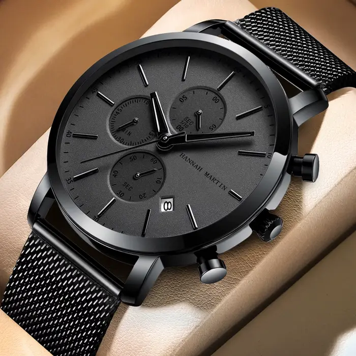 Montre Quartz Pour Homme Luxe Hannah Martin Style Affaires Avec Chronographe et Calendrier Complet Occasions Spéciales