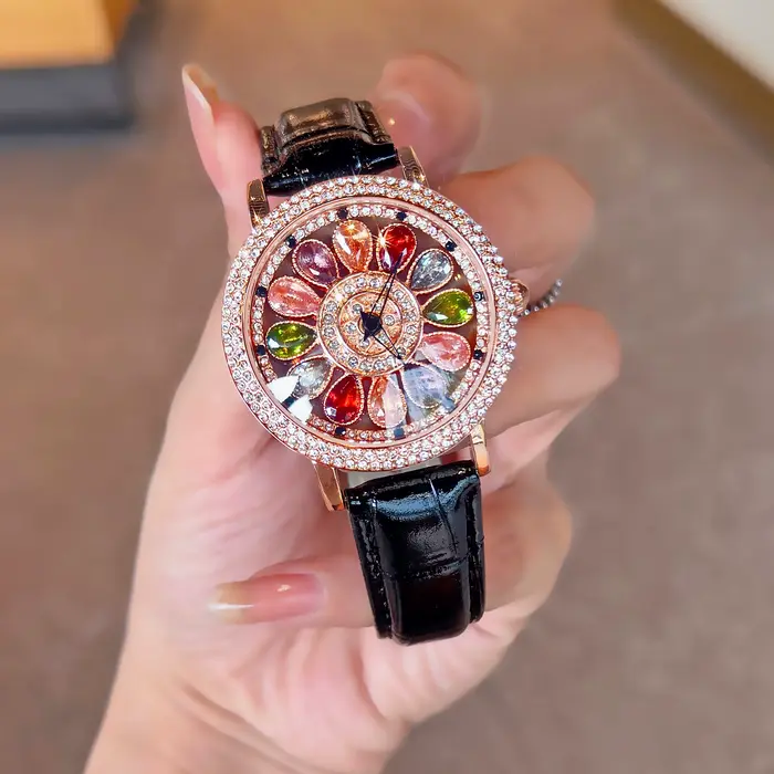 Montre à Quartz pour femmes, éblouissante et à la mode, avec incrustation de strass colorés, avec un