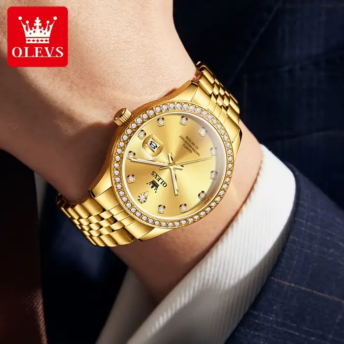 Montre OLEVS 3629 or et diamants montre-bracelet homme quartz résistante à l'eau pour hommes occasions spéciales