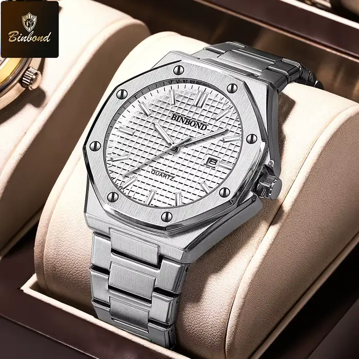 BINBOND chaud nouveau homme montre bracelet en alliage avec vis octogonale anneau décoratif mouvement à Quartz haut de