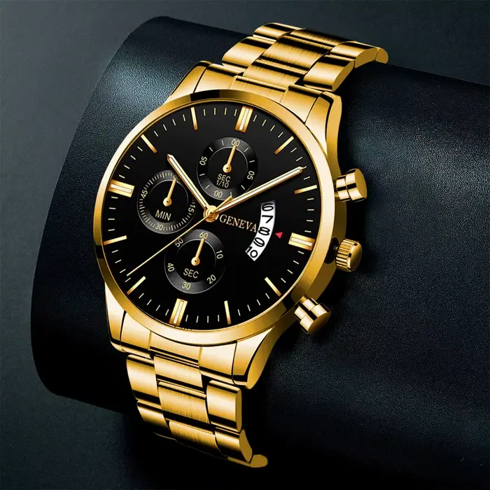Montre-bracelet à quartz en acier inoxydable doré pour homme