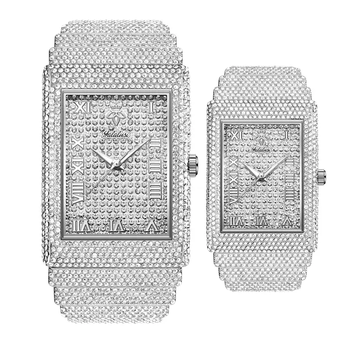 Montres-bracelets à quartz de luxe pour hommes et femmes de la marque YaLaLuSi avec sertissage de diamants complets – Cadeau pour couple Reloj Mujer