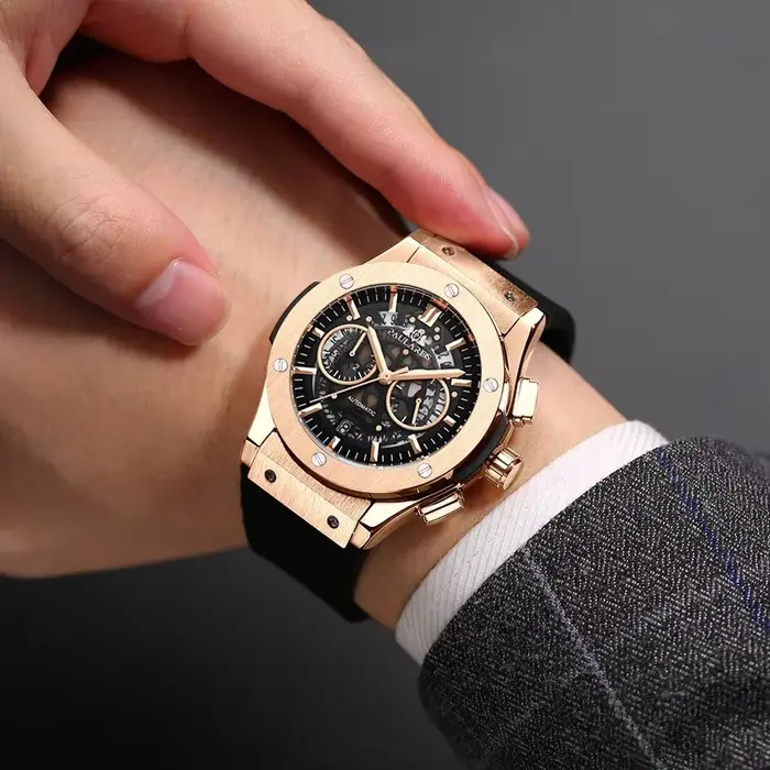 Montre-bracelet automatique de luxe pour homme avec chronographe squelette, or rose, argent, bronze, brun, café, ivoire, multicolore, or rose, or, occasion spéciale homme