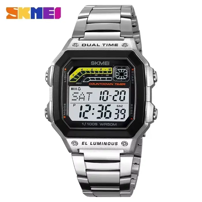 SKMEI 2307 compte à rebours de luxe affichage LED en acier inoxydable montres pour hommes étanche sport montre numérique
