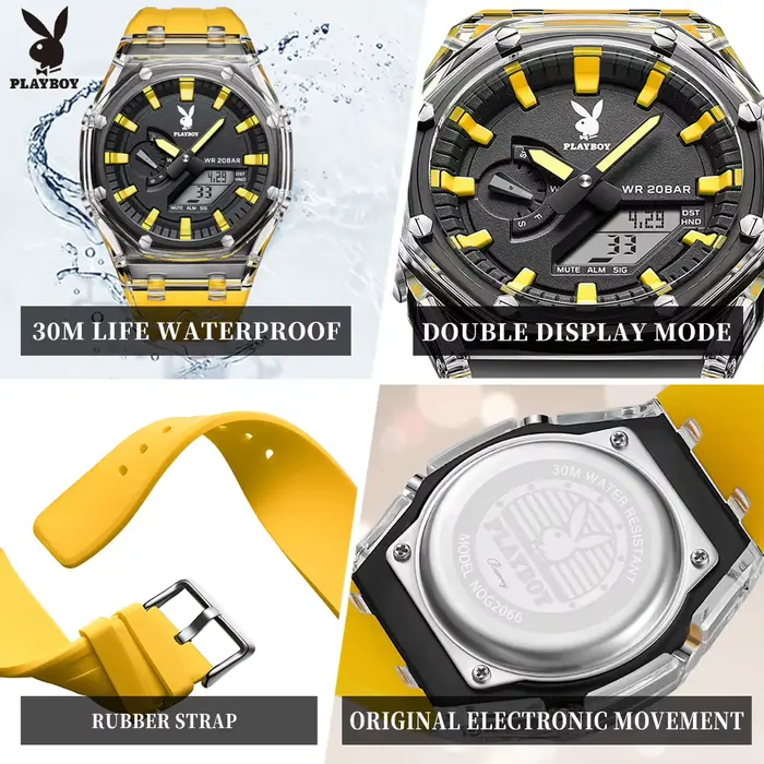 Montre électronique PLAYBOY 2066 élégante à affichage LED pour hommes résistante à l'eau pour aventures nocturnes et activités quotidiennes