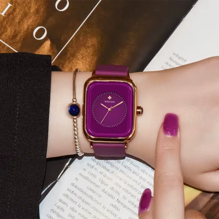 WWOOR marque de luxe montres pour femmes mode carré violet dames Quartz montre-bracelet étanche bracelet en Silicone Relogio Feminino