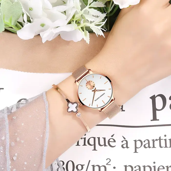 HANNAH MARTIN marque femmes montre cadran en or Rose 33mm bracelet en maille d'acier inoxydable décontracté mode