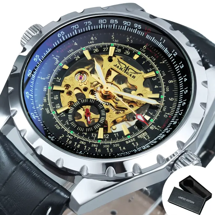 JARAGAR – montre mécanique squelette de sport pour hommes, mains lumineuses, bracelet en cuir et aci