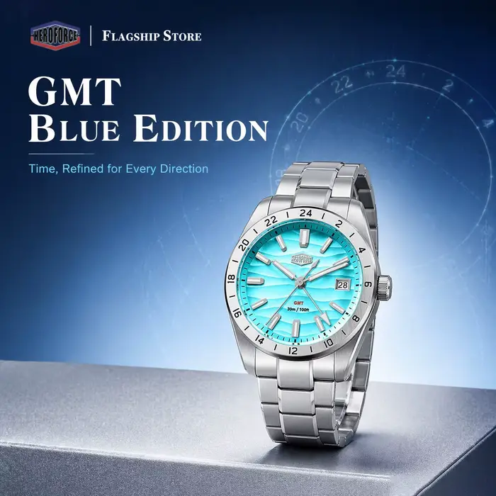 Montre Homme HEROFORCE GMT 2026 Nouvelle Montre-Bracelet en Acier Inoxydable avec Cadran Turquoise, Date Lumineuse, Quartz Sport et Affaires
