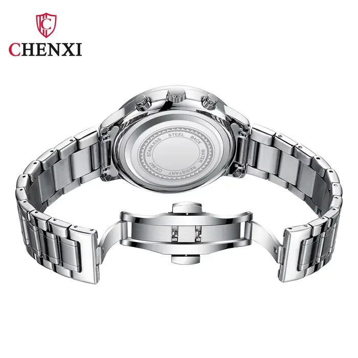 Montre CHENXI en acier inoxydable avec chronographe et calendrier complet pour homme résistante à l'eau et adaptée à tous les styles et occasions