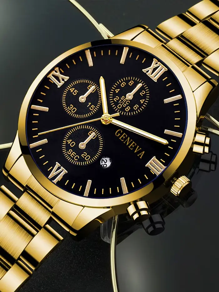Ensemble de 4 montres à quartz pour hommes en alliage d'or avec calendrier romain et collier croix