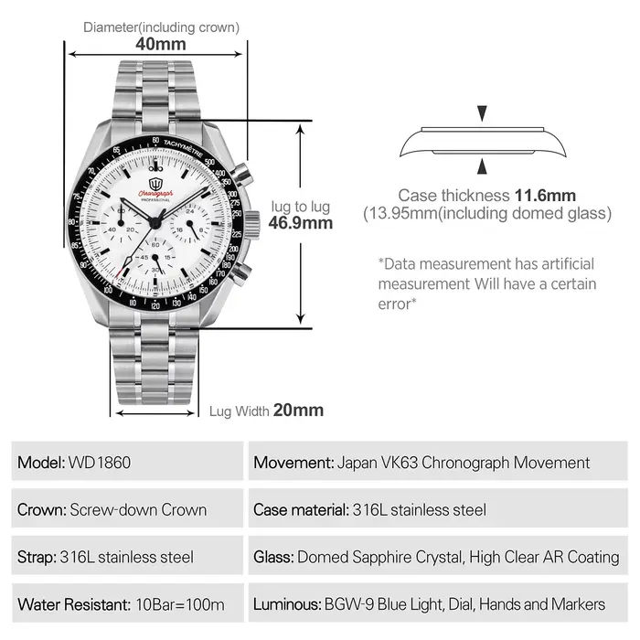 Watchdives WD1860 montres chronographe de sport VK63 montre-bracelet à Quartz Ar saphir Bgw9 acier inoxydable 200M étanche 40Mm montre