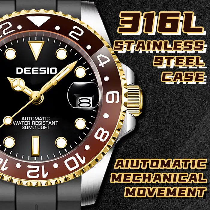 Deesio montre mécanique automatique pour hommes en acier inoxydable 316L affichage de la Date décontracté étanche