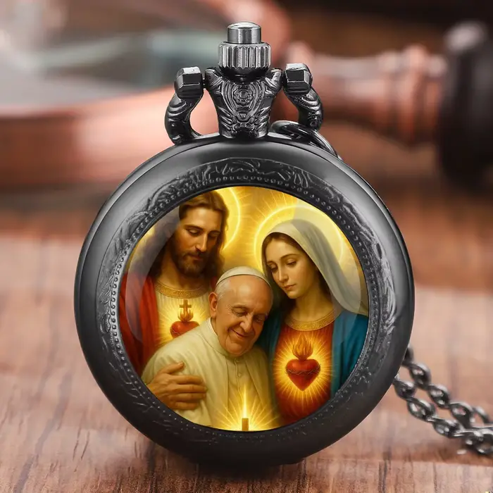 Montre de poche à quartz vintage avec pendentif chaîne, motif Jésus, icônes catholiques, style Pape