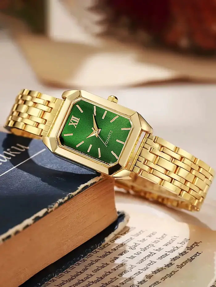 Montre carrée verte avec bracelet, collier et boucles d'oreilles pour femme occasions spéciales et quotidien