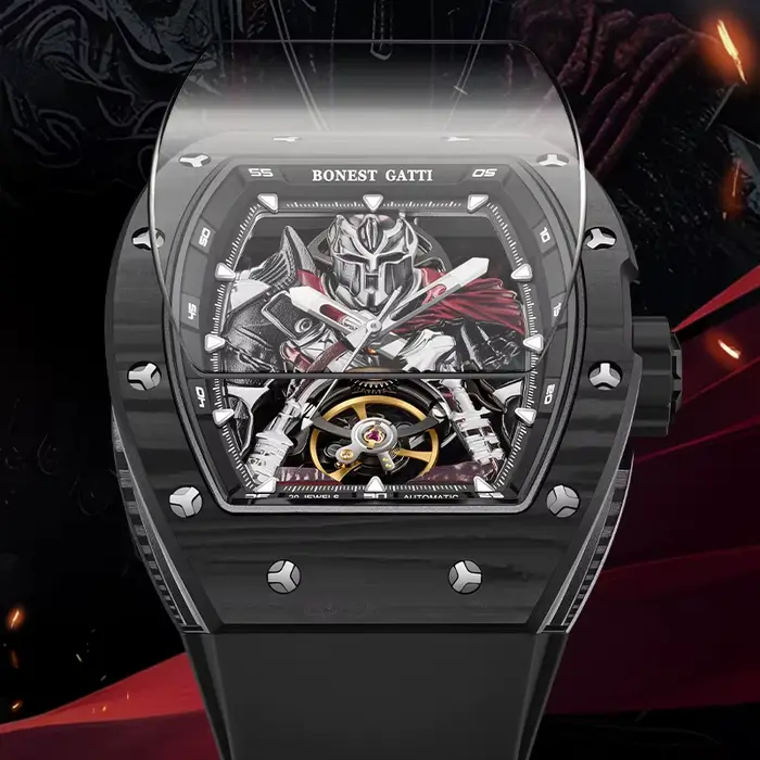 Montre homme Bonest Gatti en fibre de carbone avec mouvement automatique, tourbillon, squelette, résistance à l'eau, bracelet en caoutchouc pour occasions spéciales