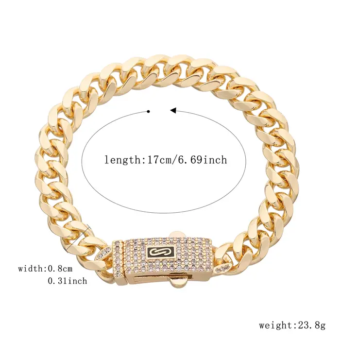Bracelet Monaco en laiton plaqué or 14K avec zircone cubique pour homme et femme styles hip-hop rock occasions spéciales