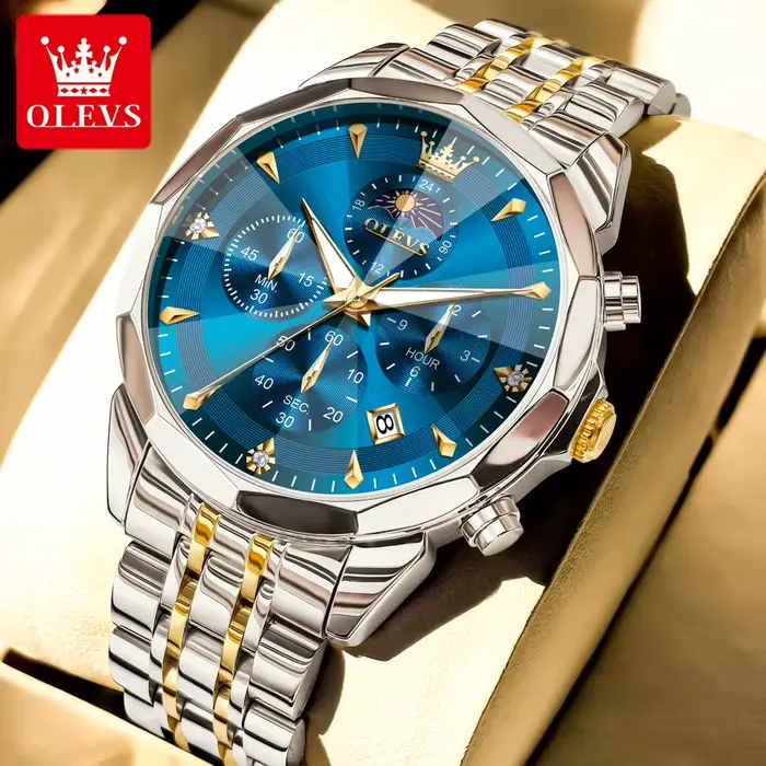 OLEVS montre homme classique Chrono Phase de lune montres à Quartz multifonctions pour hommes miroir romain bracelet en