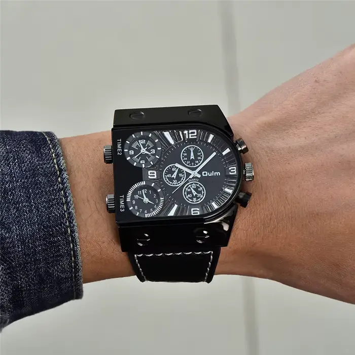 Oulm 9315 montre à trois fuseaux horaires bracelet en cuir décontracté montres pour hommes conception Unique Sports de plein air montre-bracelet mâle horloge