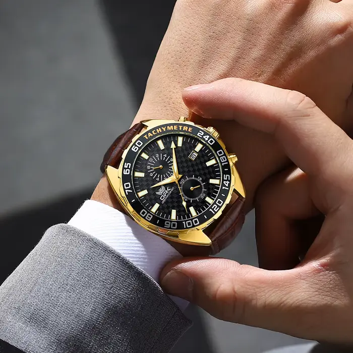 Montre à quartz OPK 8163 avec tachymètre, date automatique et chronographe pour homme, résistante à l'eau, bracelet en cuir, style mode et décontracté