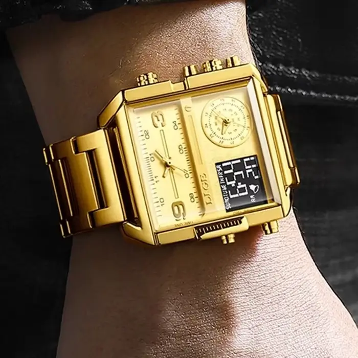 LIGE – montre à Quartz dorée pour hommes
