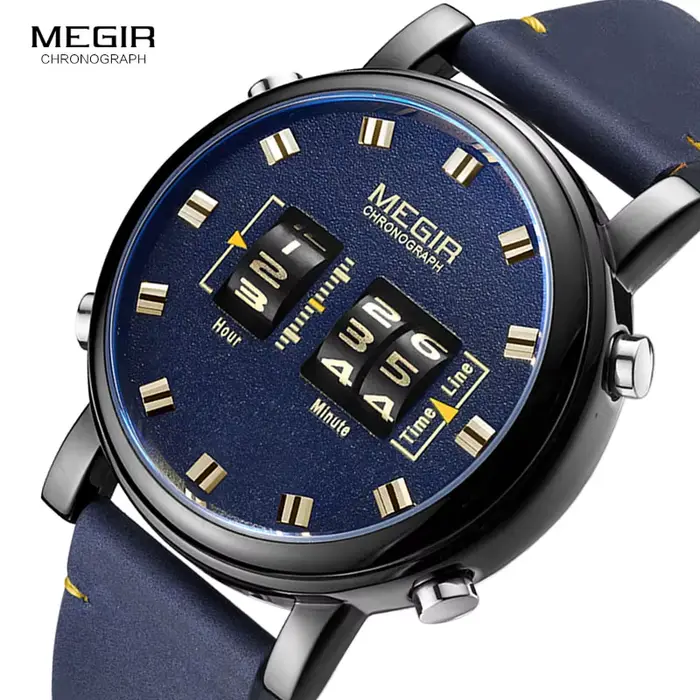 MEGIR – montre-bracelet en cuir bleu pour homme