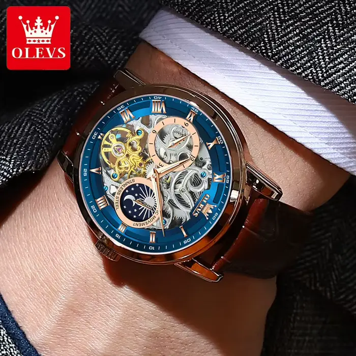 Montre automatique OLEVS 6670 design squelette bracelet en cuir phase lunaire résistante à l'eau pour homme occasions spéciales