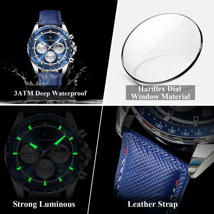 POEDAGAR Original mode hommes horloge lumineux étanche chronographe Date homme montre-bracelet en cuir Quartz Sport