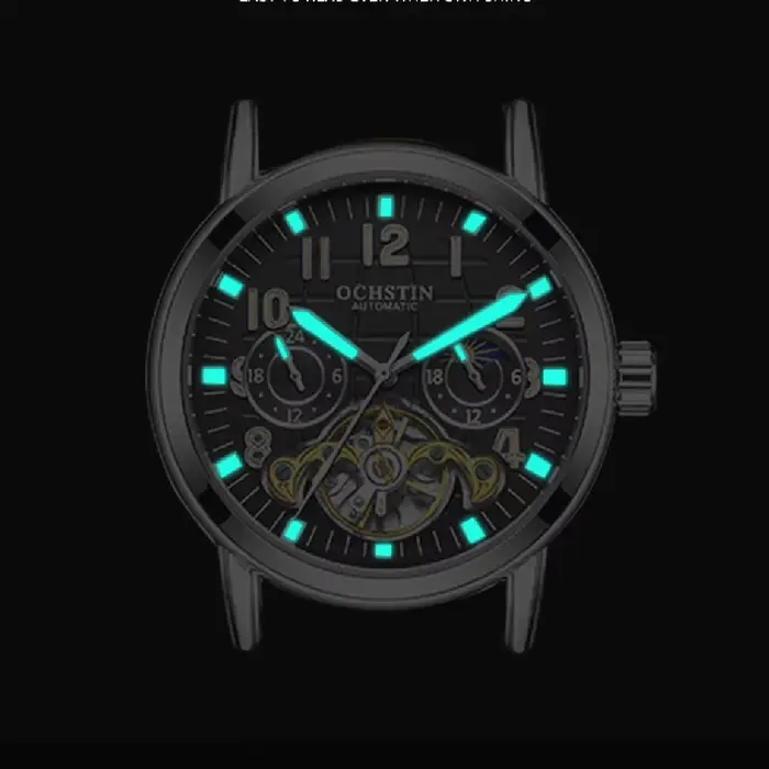 Montre Homme OCHSTIN Tourbillon GMT Automatique Mécanique Squelette Double Fuseau Horaire 24H AM/PM Indicateur Lumineux Bracelet Cuir Luxe Habillé