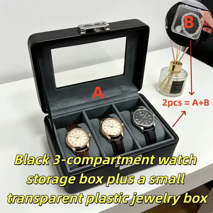 Boîte à montres en cuir pour homme à 3 emplacements avec serrure, organisateur de montres de luxe + 