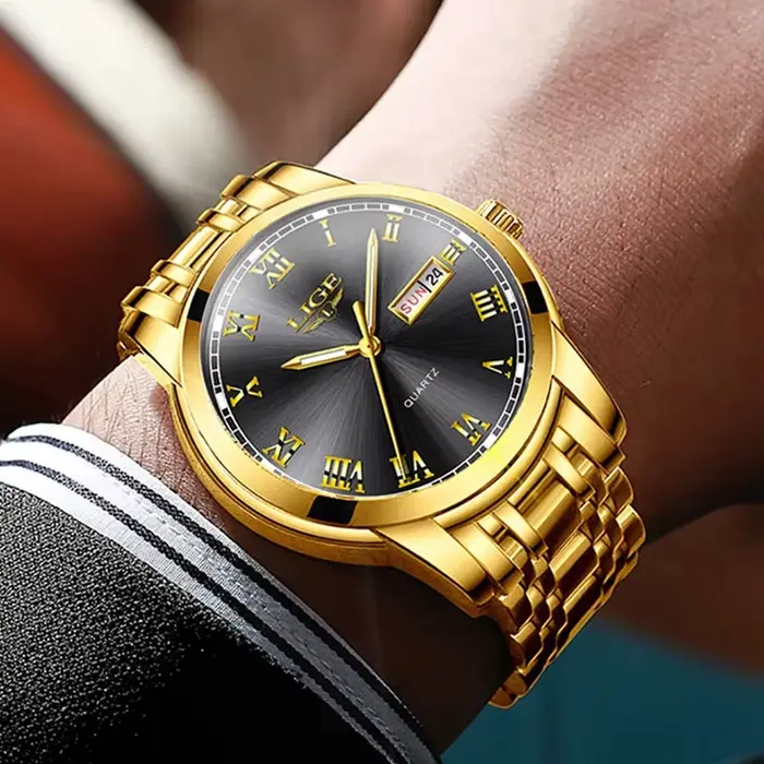 Montre Quartz Dorée LIGE pour Homme Occasions Spéciales Horlogerie Luxe Business Casual