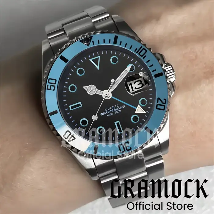 Gramock 40MM GMT montre pour hommes bleu ciel lunette en céramique acier bracelet huître montres