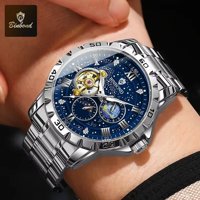 BINBOND Top luxe hommes montre mécanique automatique Phase de lune homme montre-bracelet creux Tourbillon acier
