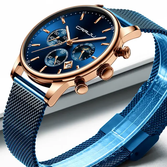 Relogio Masculino CRRJU montre à Quartz de luxe pour hommes cadran bleu montres