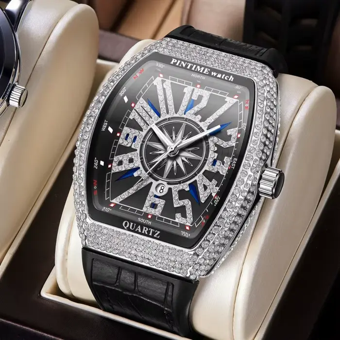 Montre en diamant pour hommes, montres à quartz tonneau élégantes résistantes à l'eau et aux chocs pour différentes occasions